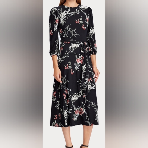 Ralph Lauren Black Floral 3/4 Length Sleeves Midi Sheath Dress Flower Pattern - Picture 3 of 16